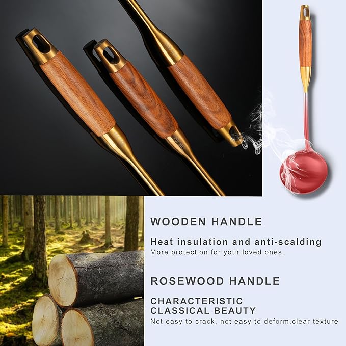 Gold Kitchen Utensils Set with Wooden Handle, 6 PCS Professional Stainless Steel Cooking Utensils Set, Wok Spatula, Ladle, Skimmer, Slotted Spatula Turner, Spaghetti Spoon, Large Spoon