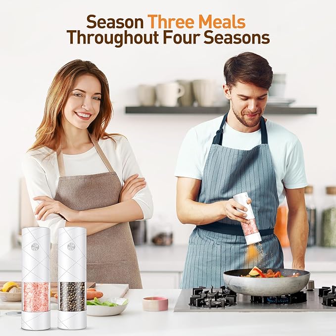 Electric Salt and Pepper Grinder Set, Rechargeable Automatic Pepper Mill Grinder with LED Light, House Warming Gifts New Home, One-Hand Operation for Kitchen Appliances(2 Pack Upgrade White)