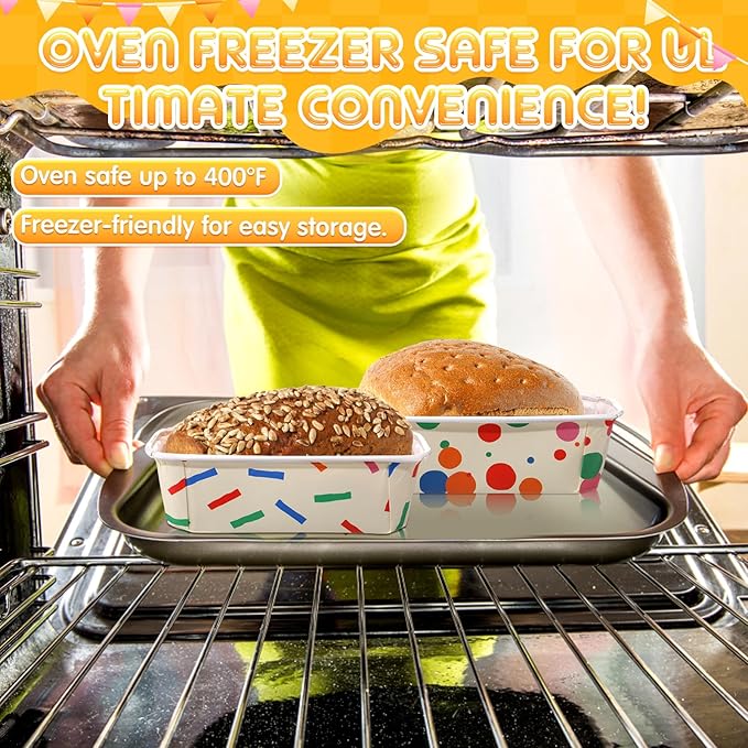 Honeydak 100 Sets Mini Loaf Pans Disposable Holiday Paper Baking Pans Bulk for Baking 6.3 x 2.2 x 2.2 in Mini Loaf Trays with Clear Plastic Packaging Bags and Ties Rectangle Food Trays (Confetti)