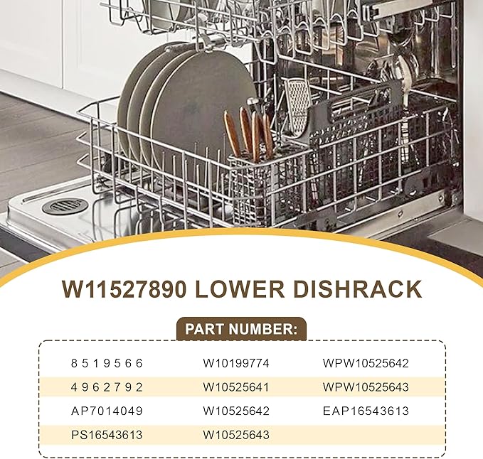 W11527890 Dishwasher Lower Dishrack Compatible with Whirlpool Kenmore Kitchen Aid Maytag replace 8519566 W10199774 W10525641 W10525642 W10525643 WPW10525642 WPW10525643
