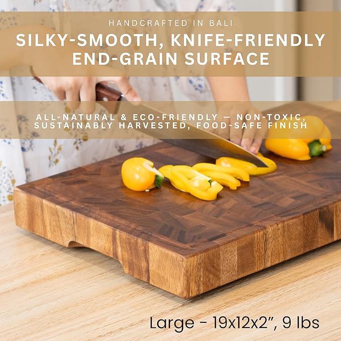 SHUMARU Tropical Walnut End-Grain Wood Cutting Board – 19X12X12" Butcher Block | Handmade in Bali - Silky-Smooth, Juice Groove, Knife‑Friendly, Ergonomic Grips & Non‑Slip Feet
