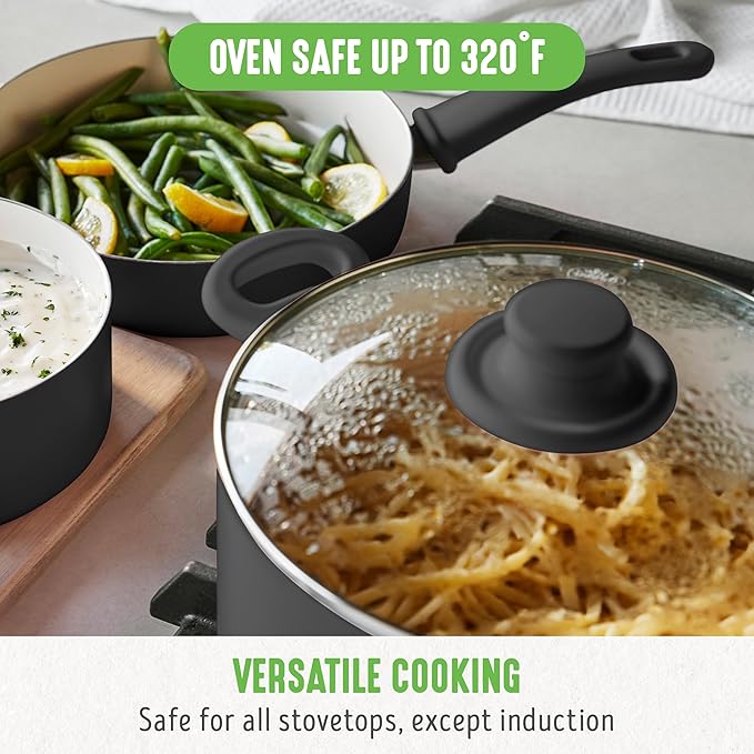 GreenLife 6QT Ceramic Nonstick Stockpot with Glass Straining Lid, PFAS-Free, Dishwasher Safe, Stay-Cool Handles, Oven Safe to 350°F, Wobble-Free Base, Even Heating, Black
