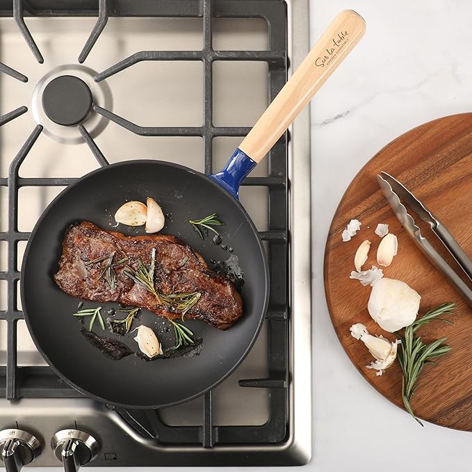 Sur La Table Kitchen Essential Main Canteen 9.5" Pre-Seasoned Cast Iron Skillet w/Wood Handle, Natural Nonstick Lightweight Frying Pan for Searing, Sautéing & Everyday Cooking - Blue