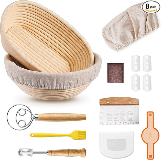 E-far Bread Proofing Basket, 9 Inch Round and 10 Inch Oval Sourdough Bread Baking Supplies, Complete Sourdough Starter Kit for Beginners