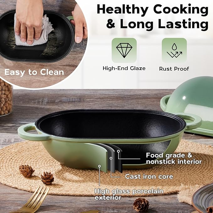 Onader Enameled Cast Iron Oval Dutch Oven for Bread Baking, 9x5-1/2 Inch Loaf Cast Iron Bread Oven Pan with Lid, 2.8QT Meatloaf Pan for Sourdough, Heavy Duty - Pistachio Green