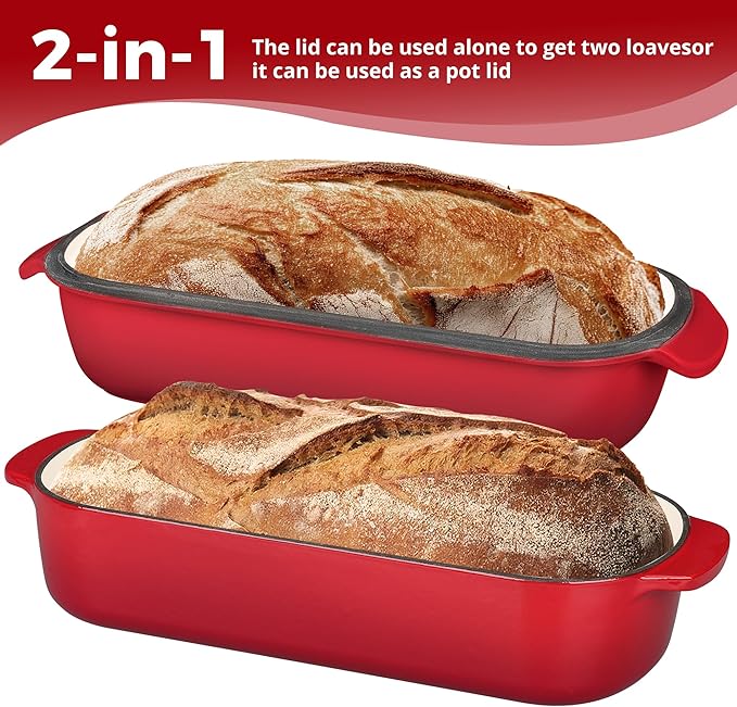Enameled Cast Iron Loaf Pan with Lid, Bread pan, Dutch Oven Bread pan for Homemade Sourdough Bread Baking, 12.5x5.5 inch, 5qt, Red