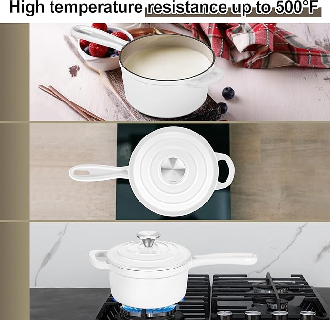 1 Qt & 2 Qt Sauce Pan Sets, Leonyo Enameled Cast Iron Sauce Pan with Lid, Small Saucepan Cast Iron Dutch Oven Kitchen Cookware for All Cooktops Cooking Pasta, Milk, Oatmeal - Up to 500°F, White