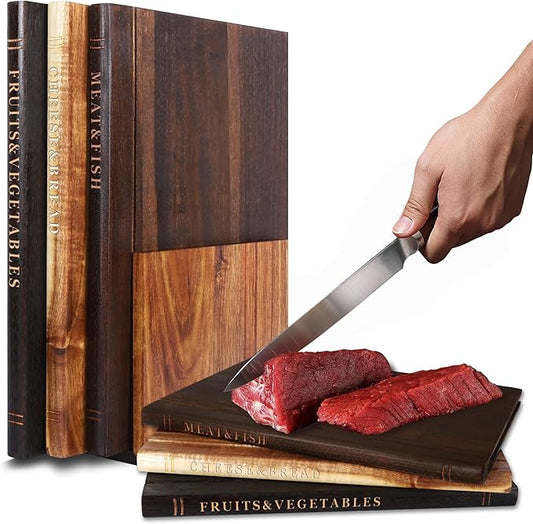 Book Cutting Board Set of 3 With Stand, Solid Acacia Cutting Boards That Look Like Books, Decorative Cutting Board Book Set for Kitchen, Unique Book Cutting Boards Gift