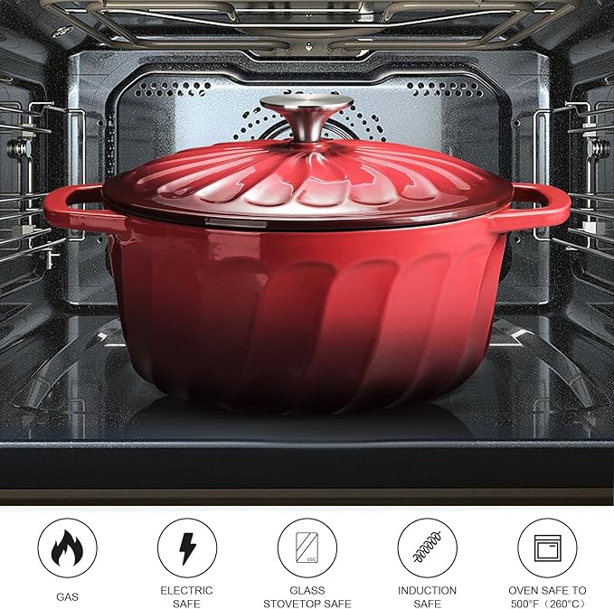 Enameled Cast Iron Dutch Oven with Lid, 6 QT Dutch Oven, Heavy Duty Cast Iron Pot for Sourdough Bread Baking, Braising, Cook, Bake, Oven Safe across All Cooktops (Red,6 QT)