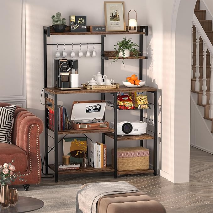 Aheaplus Bakers Rack with Power Outlet and LED light strings, Microwave Oven Stand Kitchen Storage Shelf with Wire Basket, Coffee Bar Station Island table with 10 hooks for Spices, Pots, Rustic Brown