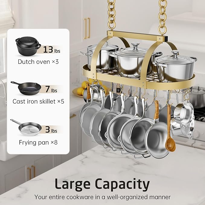 KES Gold 34 Inch Hanging Pot Rack, 100 LBS Capacity Heavy Duty Oval Pot and Pan Hanging Rack Ceiling Mount, Pot Pan Hangers Organizer for Kitchen Island with 20 Hooks (For 16" and 24" Joist)