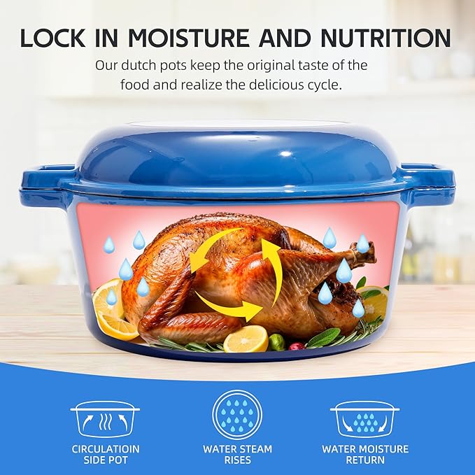 2 in 1 Enameled Cast Iron Dutch Oven Pot 6QT with 2QT Lid - Big Dual Handles - Oven Safe up to 500°F - Classic Round Pot for Versatile Cooking Blue