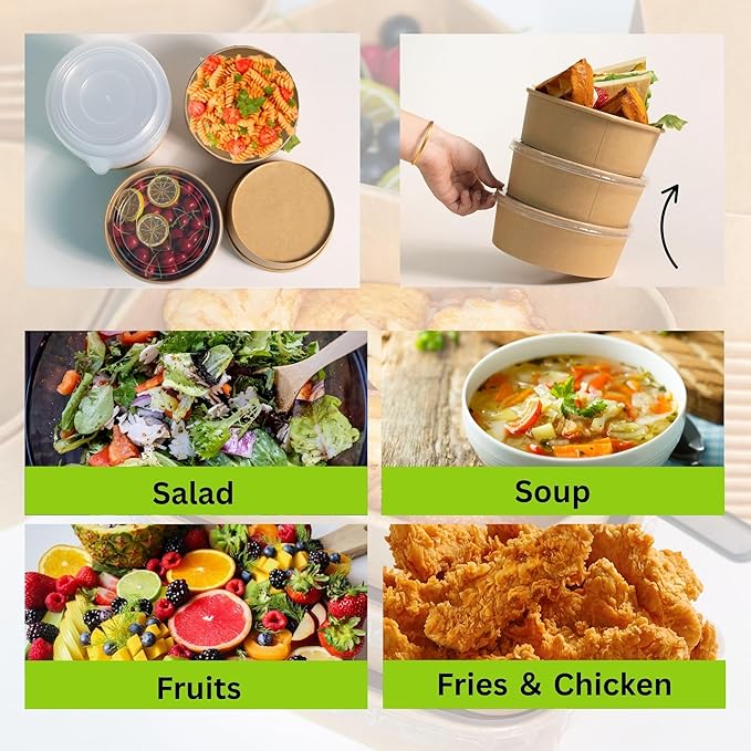 Disposable Round Paper Bowls with Lid 47oz Compostable, 50 Sets Microwave Deli Containers Leakproof, Extra Large Meal Prep Food Container Box, Sturdy Salad Dressing Bowl for Soup Toppings Picnic