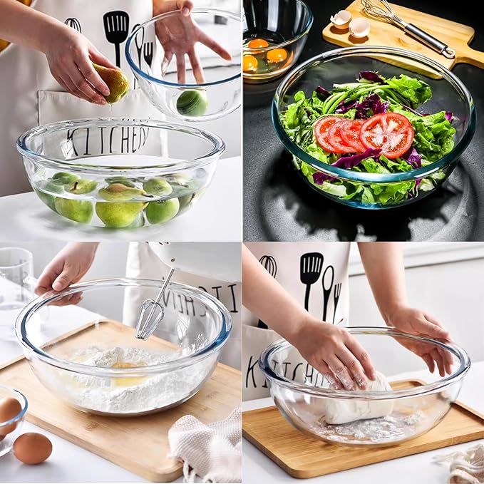 6.2QT Large Glass Mixing Bowl with Lid, Clear Glass Salad Cooking Bowls for Sourdough, Salad and Storage Prepping and Baking Food Storage Set