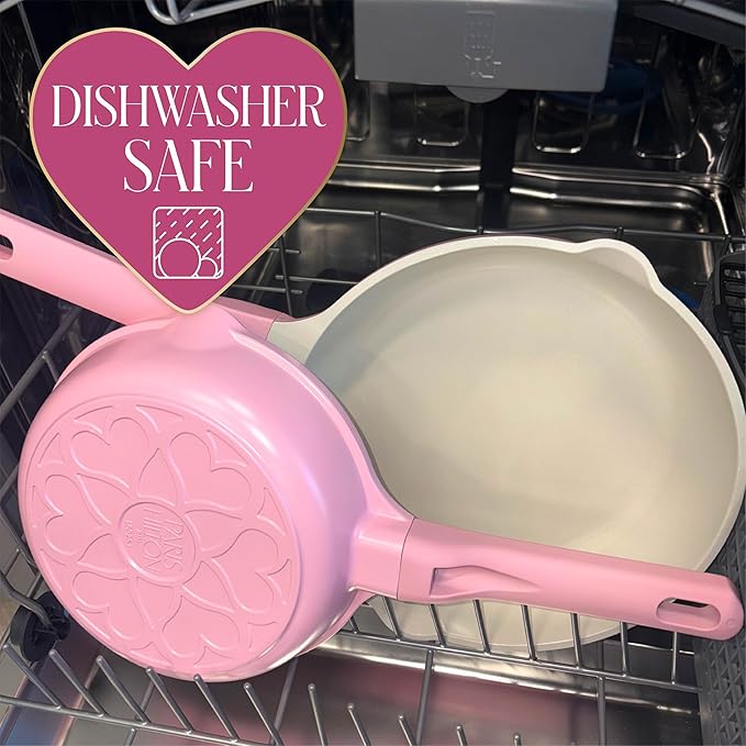 Paris Hilton Ceramic Cast Aluminum Nonstick Fry Pan, Fast & Even Heating with Easy Pour Spouts & Comfort-Grip Handle, 9.5-Inch, Pink