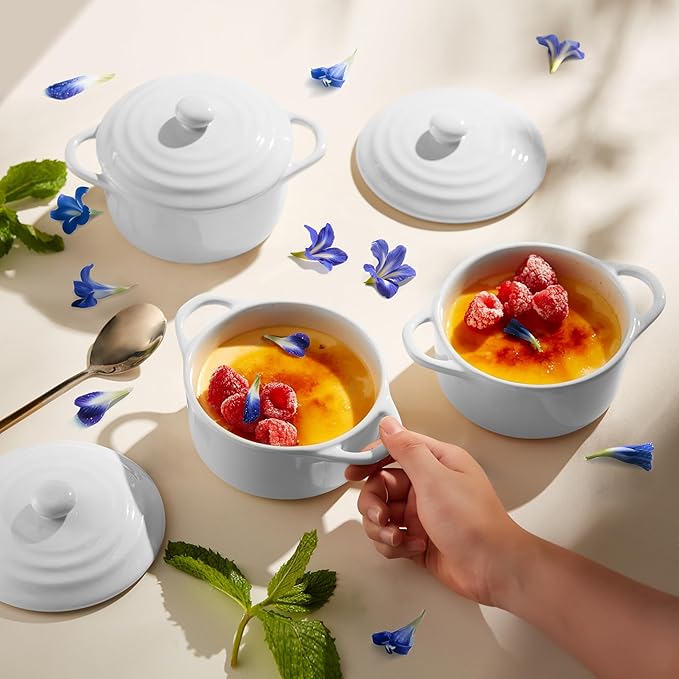 Kook Ceramic Mini Cocotte Set, Small Casserole Dishes with Lids and Handles, Individual Baking Ramekins, Oven safe 500F, Microwave & Dishwasher Safe, Stoneware, 12 oz, Set of 4, (Swiss White)