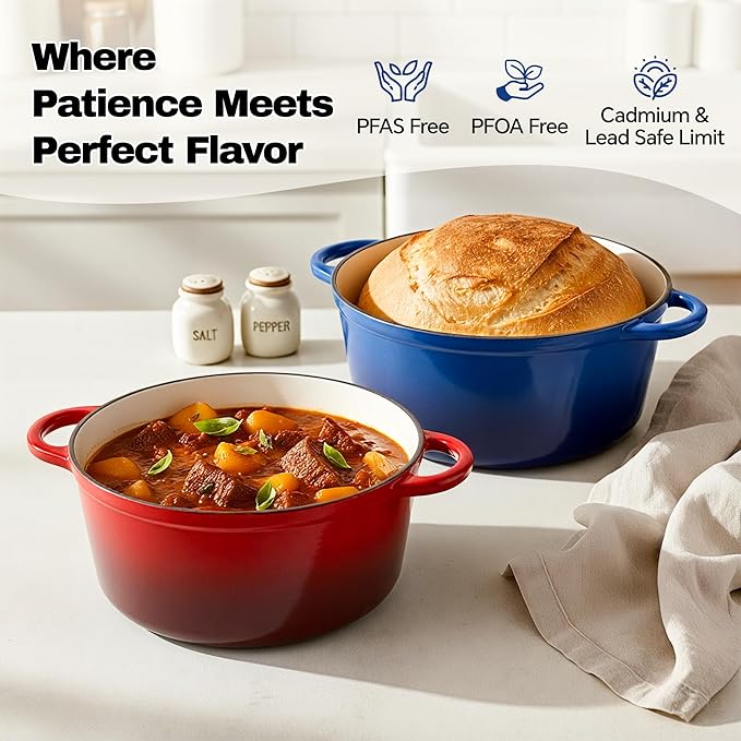 7 Quart Dutch Oven Pot with Lid, Non Stick Enameled Cast Iron Dutch Oven for Bread Baking, Heavy-Duty, Oven Safe Ceramic Cookware Up to 500°F for Baking, Braising, Stews, Roasting, Blue