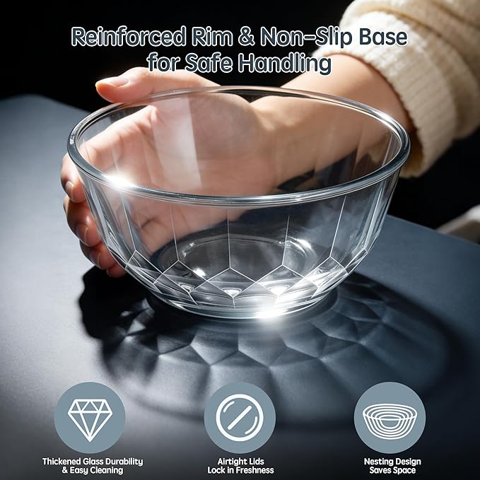 Thick Glass Mixing Bowls with Airtight Lids Set, 5-Piece Nesting Bowls for Baking & Meal Prep, BPA Free, Dishwasher Safe, 0.5/0.8/1.6/2.7/4.4 Quart - Gray