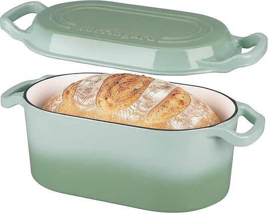Oval Dutch Oven Pot with Lid, Enamel Coating Cast Iron Bread Pans for Homemade Sourdough Bread Baking, Cooking, 4 Quart, Green