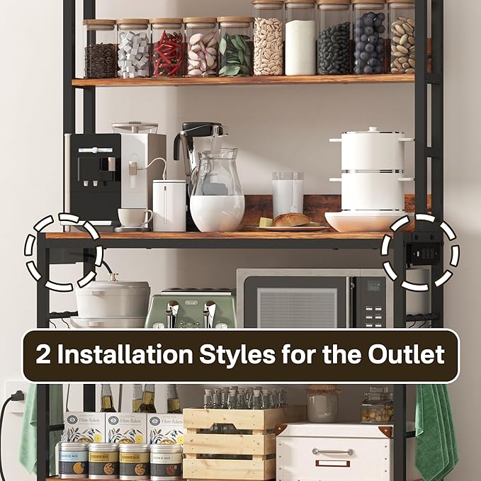 Kitchen Baker’s Rack with Power Outlet, 5-Tier Free Standing Storage Shelf Rack with Hooks, Kitchen Shelves with Storage,Industrial Microwave Stand Shelf for Dining Room,Coffee Bar for Spaces