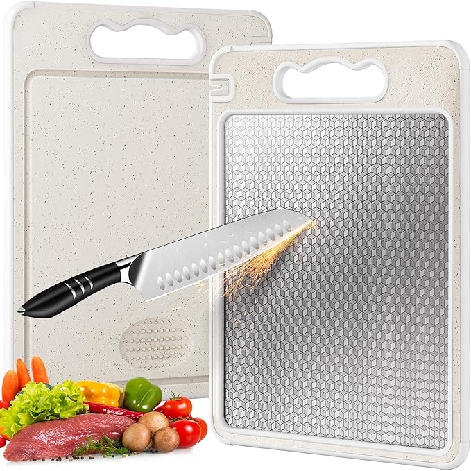 Double Sided 304 Stainless Steel & Wheat Straw Cutting Board, 14.4"*9.8" Non Toxic Lightweight Chopping Board, Separately Handle Meat and Vegetables, Dishwasher Safe, Scratch Resistant Mesh Design
