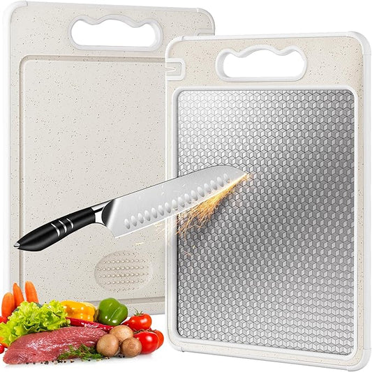 Double Sided 304 Stainless Steel & Wheat Straw Cutting Board, 14.4"*9.8" Non Toxic Lightweight Chopping Board, Separately Handle Meat and Vegetables, Dishwasher Safe, Scratch Resistant Mesh Design