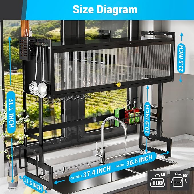 Over The Sink Dish Drainer Drying Rack, 37.4 inch, Kitchen Supplies for Kitchen Counter Multiple Dishes Flatware & Utensil Holder, Black
