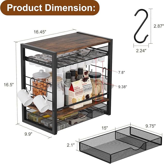 TQVAI Coffee Bar Organizer for Countertop 3-Tier 70 Capsules Coffee Station Organizer with Sliding K Cup Drawer & 4 Coffee Cup Hooks for Coffee Bar Accessories, Black