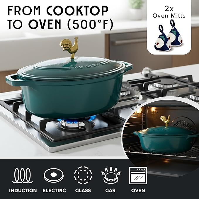 MUELLER HOME 5.5 Quart Enameled Cast Iron Oval Dutch Oven with Rooster Knob and Cotton Potholders, Heavy-Duty Cookware, Oven-Safe up to 500° F & Across All Cooktops, Thanksgiving Essentials, Emerald