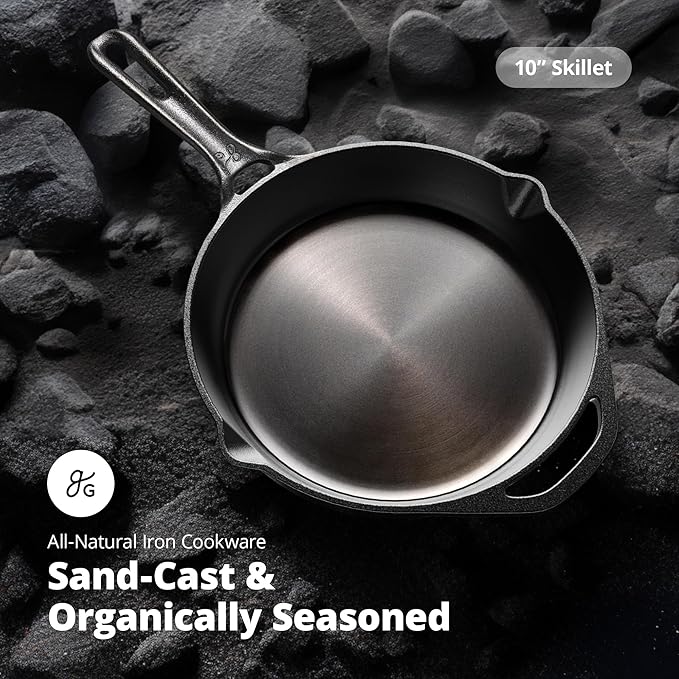Greater Goods 10-Inch Cast Iron Skillet Frying Pan – Milled Smooth Cast Iron Cooking Surface, Organically Pre-Seasoned with Flaxseed Oil, Long Handle & Dual Pour Spouts for Better Control