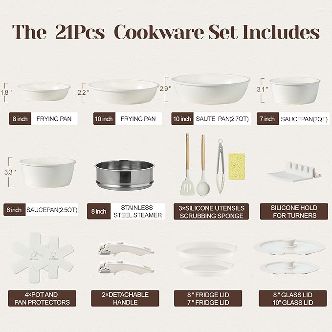 Nonstick Ceramic Cookware Set 21PCS with Detachable Handle, Pans and Pots Set, RV Kitchen Set Cookware Set, with Removable Handles, Oven Safe, Induction Ready, Stackable Non-stick Set