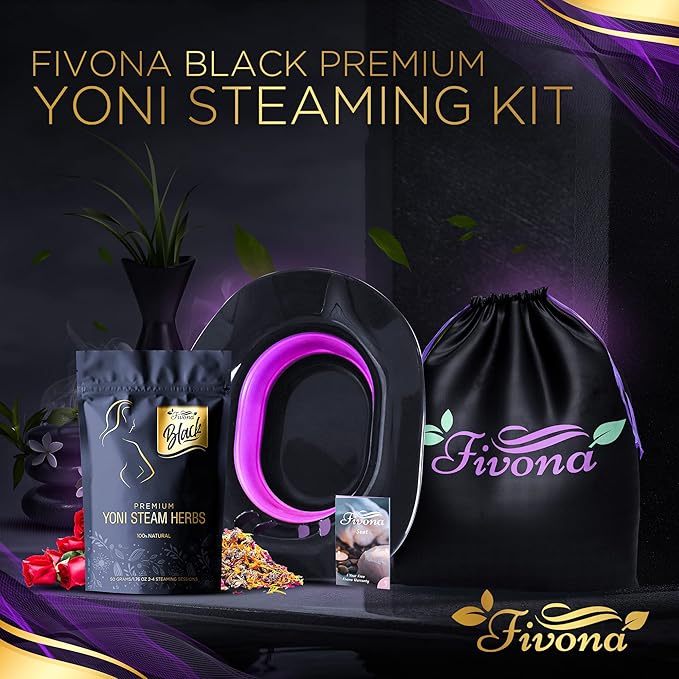 Fivona 3-in-1 Yoni Steam Kit Black - Foldable Over The Toilet Steamer Seat with Herbal Blend and Storage Bag - Effective Detox pH Balance Cleansing and Relaxation - at Home V-SPA
