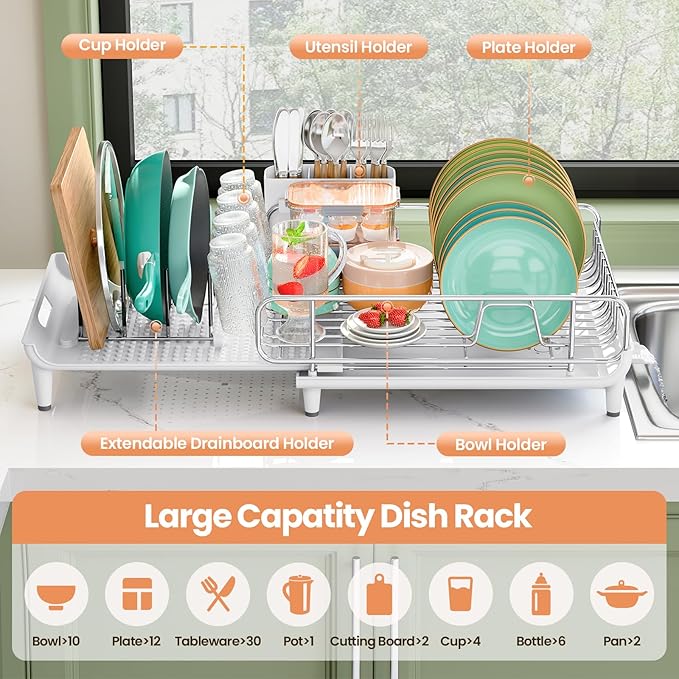 TOOLF Dish Drying Rack - Large Expandable Dish Rack for Kitchen Counter, Stainless Steel Dish Drainer for Kitchen Organization with Cutlery ＆ Cup Holder,White