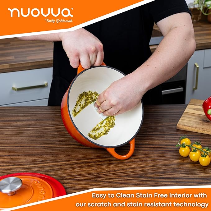 Cast Iron Dutch Oven with Lid – Non-Stick Ovenproof Enamelled Casserole Pot – Sturdy Dutch Oven Cookware – Orange, 3.1-Quart, 22cm – by Nuovva