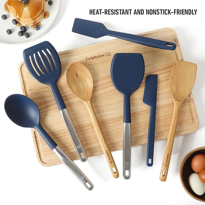 Calphalon Prime 7 Piece Sillicone and Teak Wood Kitchen Tool & Gadget Set - Navy Blue
