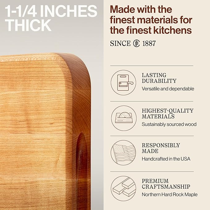 John Boos Chop-N-Slice Series Rectangular Wooden Maple Cutting Board 18”x12” – 1.25” Thick, 8-lb Reversible Butcher Block with Eased Corners, Edge-Grain & Finger Grips – Made in the USA