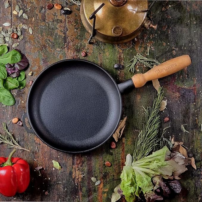 Crepe Pan Cast Iron Pancake Pan with Wooden Handle 9.5 x 0.8" Cooking Pan for Omelette Dosa Pan, Induction Safe