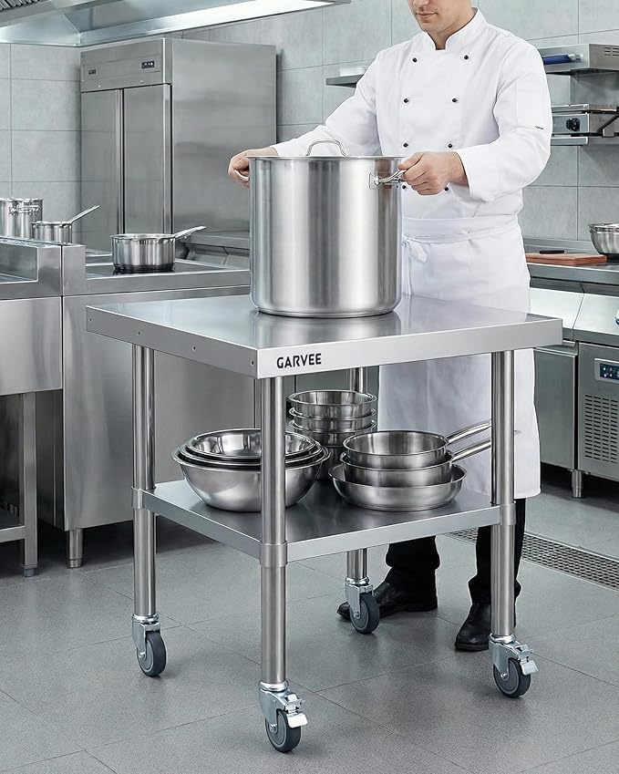 Garvee Stainless Steel Work Table, 30x36x26 Inch Commercial Food Prep Worktable with Wheels, Detachable 3-Sided Backsplash & Height-Adjustable Shelf, Heavy Duty Workbench for Kitchen Restaurant Garage