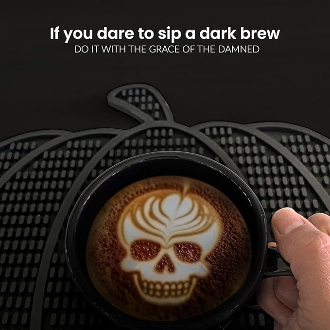 Nomnu Pumpkin Coffee Mat for Countertop - Goth Kitchen Decor - Gothic Coffee Bar Accessories 14.8x13.5 Inch Bar Mat - Spooky Halloween Gifts Non Slip Spill Mat, Black (PCBMB)