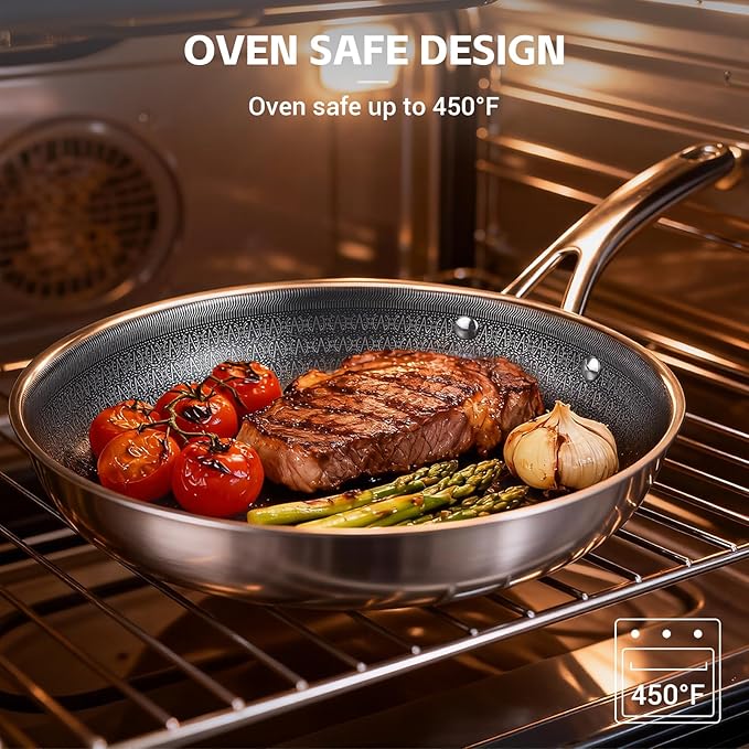 Ammeloo Tri-Ply Stainless Steel Frying Pan Set of 3, 8", 9.5", 11", Non Stick Frying Pans and Skillets, Non Toxic Hybrid Pan, Induction Compatible Cooking Pans, Chef Pan, Black Interior