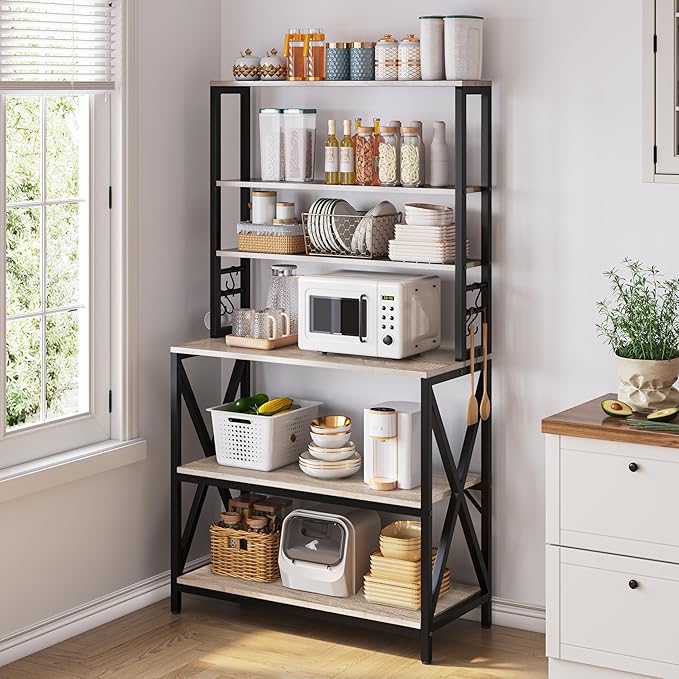 Yaheetech 6-Tier Kitchen Bakers Rack, 31.5 Inch Coffee Bar Table, Farmhouse Microwave Oven Stand Cabinet for Small Spaces, Corner Organizer Storage Shelf for Spices and Pots, Grey