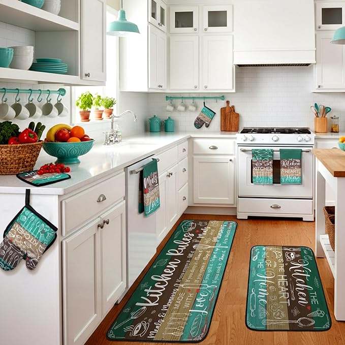 10 Pcs Farmhouse Kitchen Decor Teal Oven Mitts and Pot Holders Sets Vintage Kitchen Dish Towels Rustic Pattern Oven Gloves for Home Decorations Baking Cooking Birthday Valentines Gifts