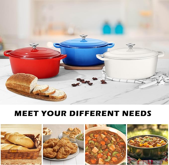 TeamFar 7QT Oval Dutch Oven, Enameled Cast Iron Dutch Oven Pot with Lid, For Bread Baking/Stewing/Braising/Frying, Suitable for Various Stoves, Non-stick & Easy Clean, White