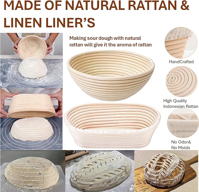Sourdough Starter Kit with Proofing Baskets - 24oz Glass Jar, 9" Round & 10" Oval Banneton Set, Dough Whisk, Scraper & Baking Tools for Artisan Bread Making (Includes Temperature Guide)