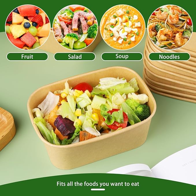 50 Pack 25 oz Paper Bowls, Disposable Food Containers with Lids, Rectangular Disposable Bowls, Disposable Salad Bowls with Lids for Diet Salad, Ice Cream, Yogurt, Party Food