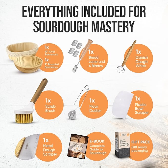 Banneton Bread Proofing Basket Set – Complete Sourdough Bread Baking Supplies – Sourdough Starter Kit – Sourdough Proofing Basket Gift for Bakers - Bread Baskets (9" Round & 10" Oval)