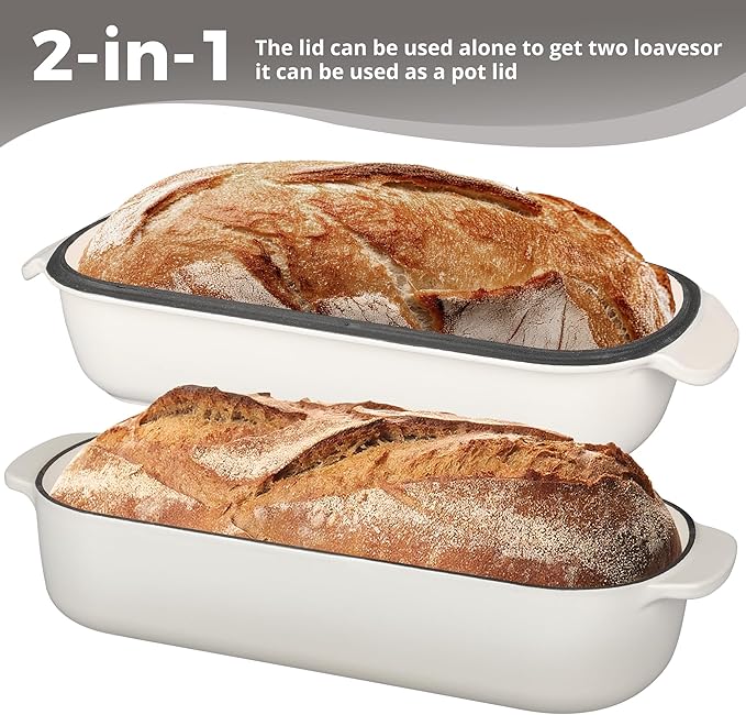 Enameled Cast Iron Loaf Pan with Lid, Bread pan, Dutch Oven Bread pan for Homemade Sourdough Bread Baking, 12.5x5.5 inch, 5qt, White