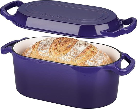 Oval Dutch Oven Pot with Lid, Enamel Coating Cast Iron Bread Pans for Homemade Sourdough Bread Baking, Cooking, 4 Quart, Purple