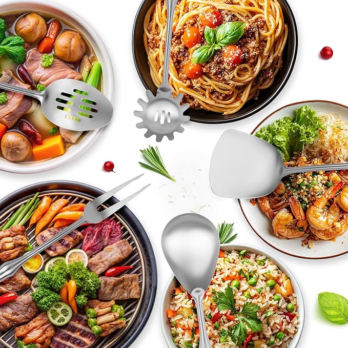 18/10 Stainless Steel Cooking Utensils Set,9pcs Metal Kitchen Utensil Sets 14 inch Long Heavy Duty Kitchen Tools Dishwasher Safe, Include Soup Ladle, Slotted Skimmer Spoon, Spaghetti