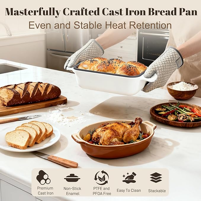 Enameled Cast Iron Sourdough Bread Dutch Oven, Cast Iron Loaf Bread Pan for Homemade Bread Baking, 2PCS 9 x 5Inch Meatloaf Pan with Lid, Oven Safe, Cream